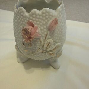 Vintage Floral Porcelain Planter – Hobnail, Pink Flowers